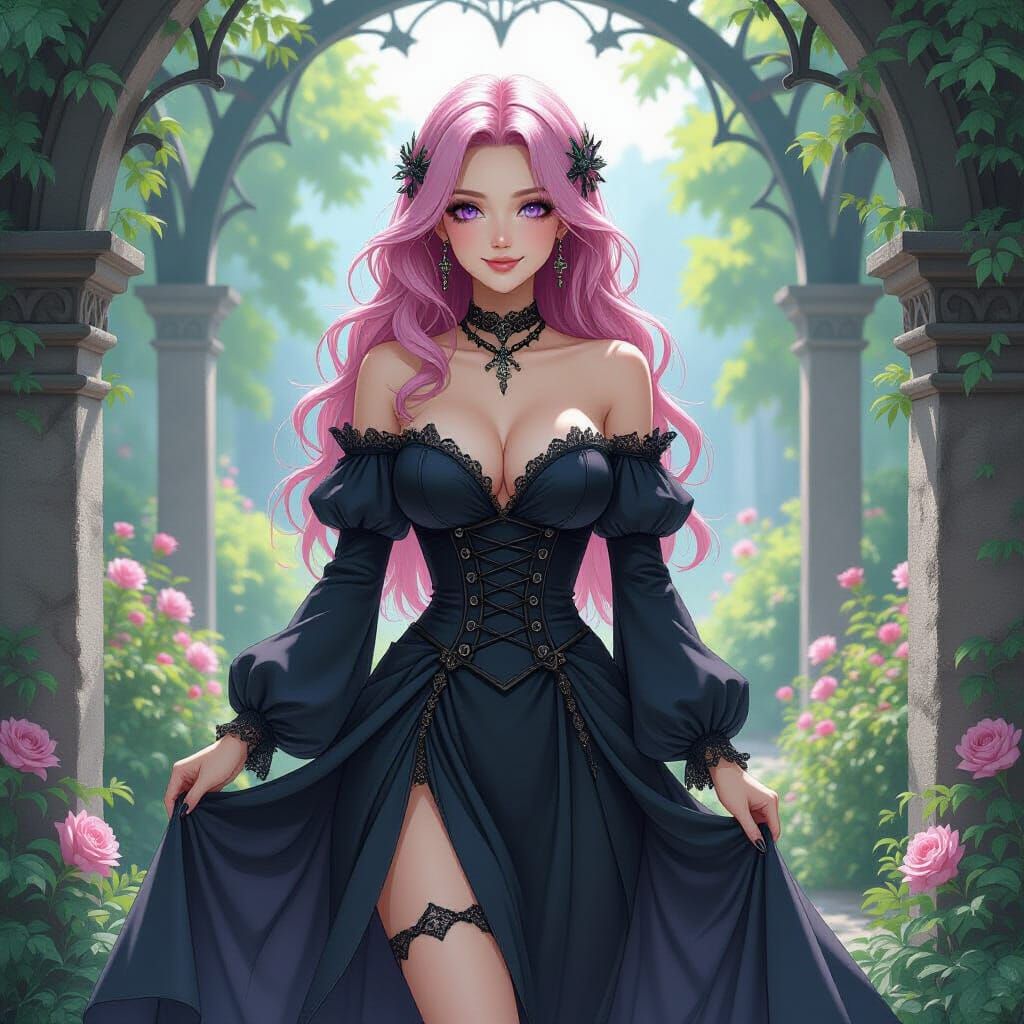 Gothic Garden Portrait of Pink Haired Woman in Watercolor St...