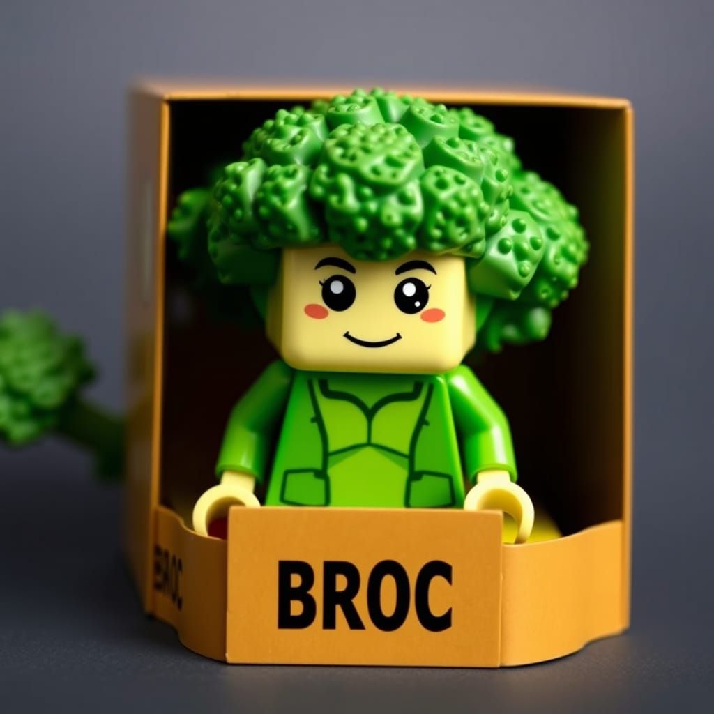 Vibrant Broccoli Lego Character in a Colorful Box