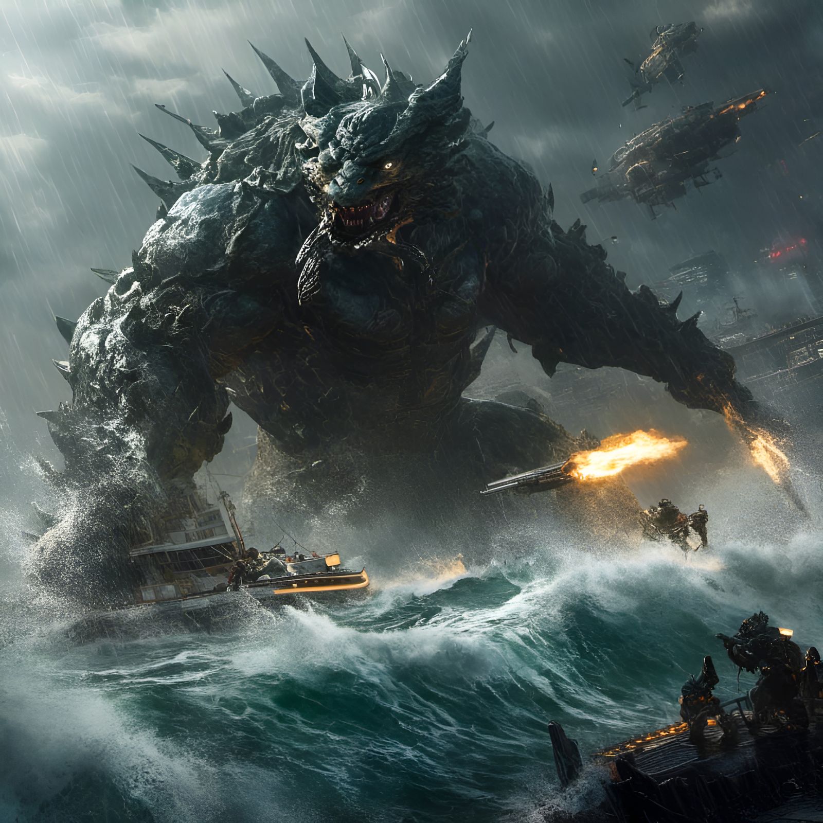 Organic Kaiju Battle in Stormy Sea