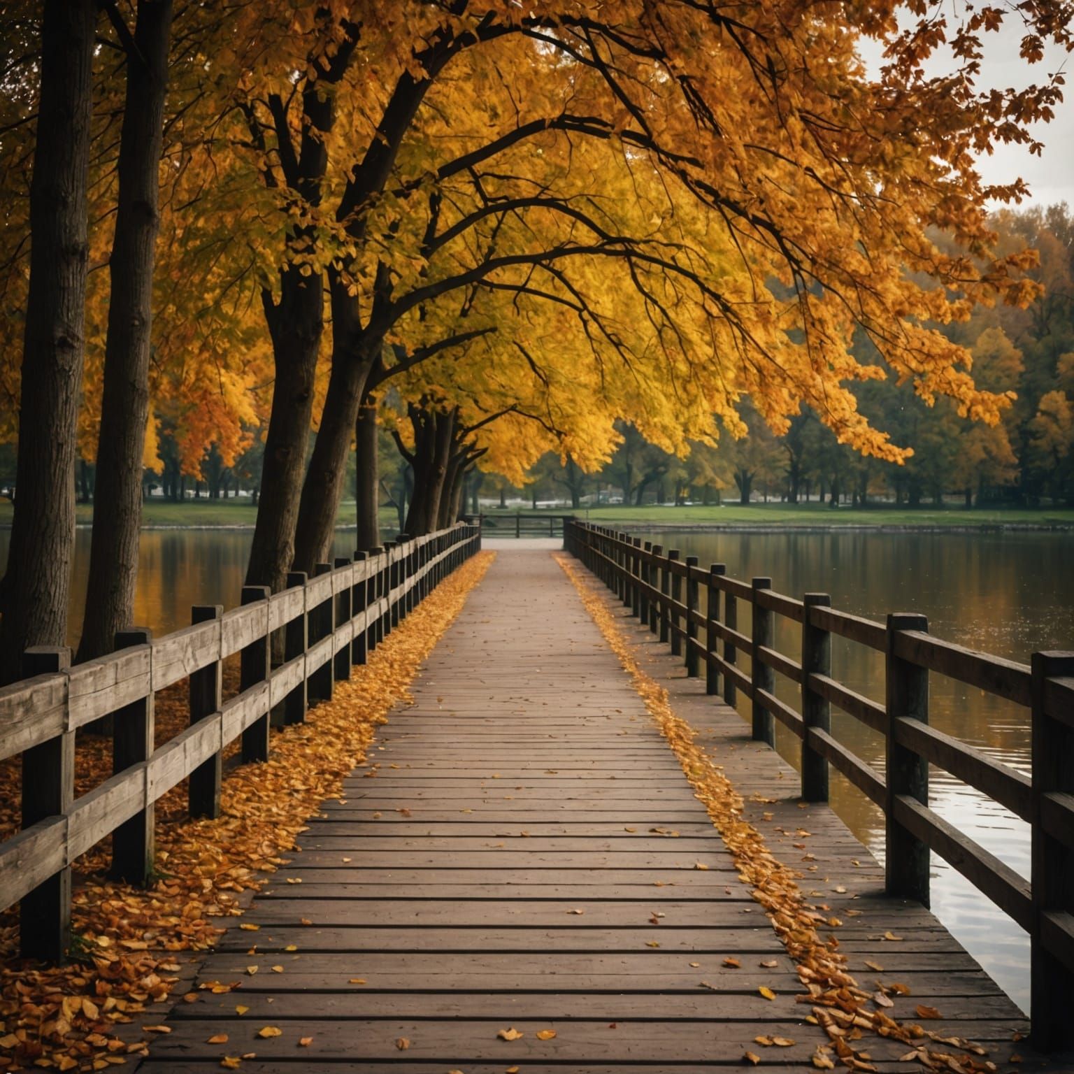 An autumn park with a wooden pier on the river.