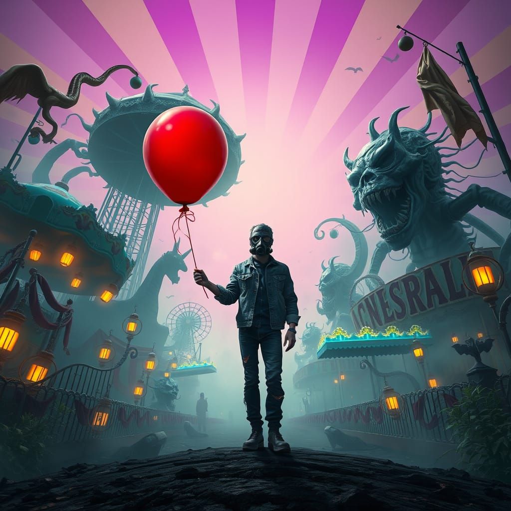 Eerie Carnival Scene with Bioluminescent Plants