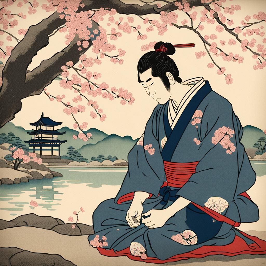 Samurai Contemplating Cherry Blossom in Ukiyo-e Style