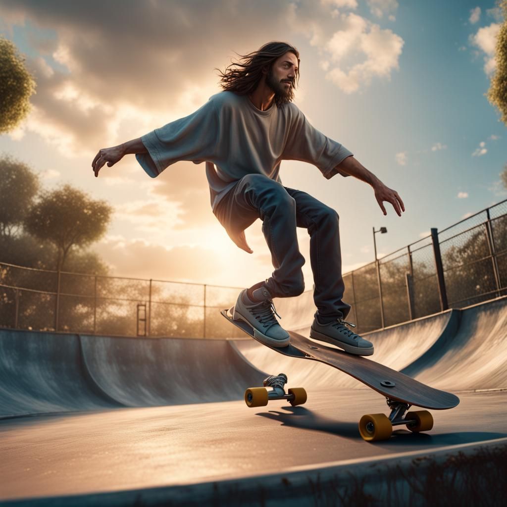 Jesus Kickflips at Skate Park: Detailed Matte Painting