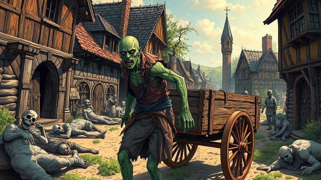 Zombie Cart in Medieval Village: Comic Book Art