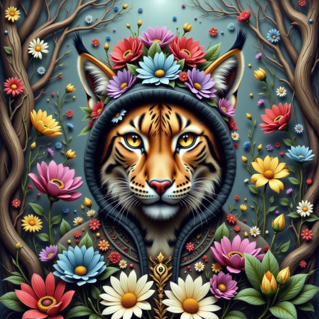 Psychedelic Lynx Amidst Blooming Flowers and Flowing Pattern...