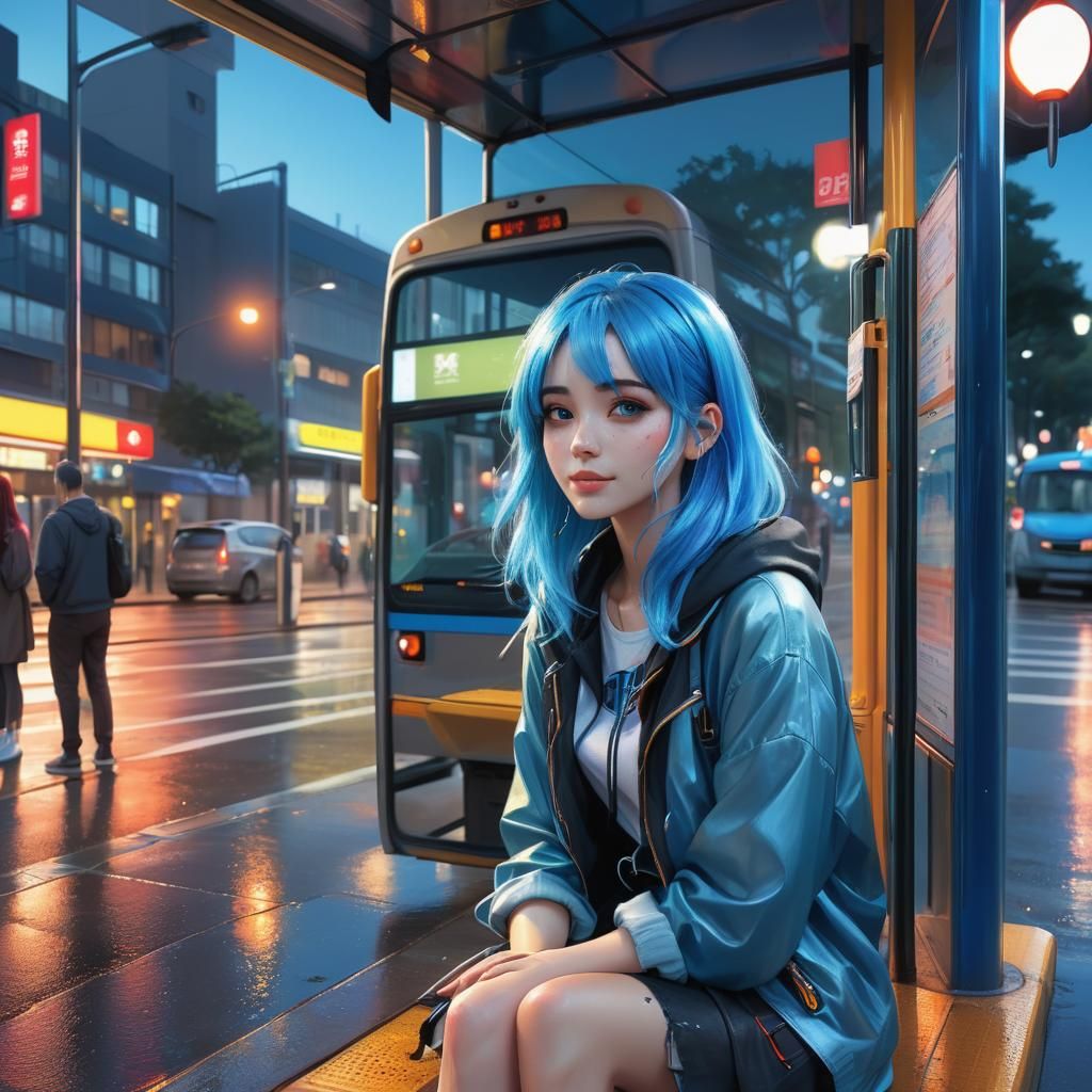 Blue-Haired Girl at Bus Stop, Hyperrealistic Digital Art
