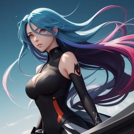 Anime Rooftop Scene with Flowing Hair Woman