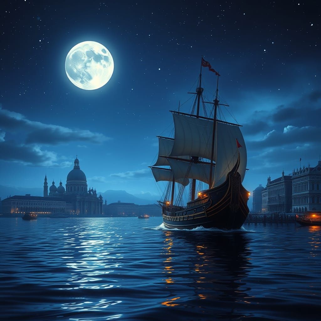 Majestic Galleon Sets Sail Under Starry Venice Sky