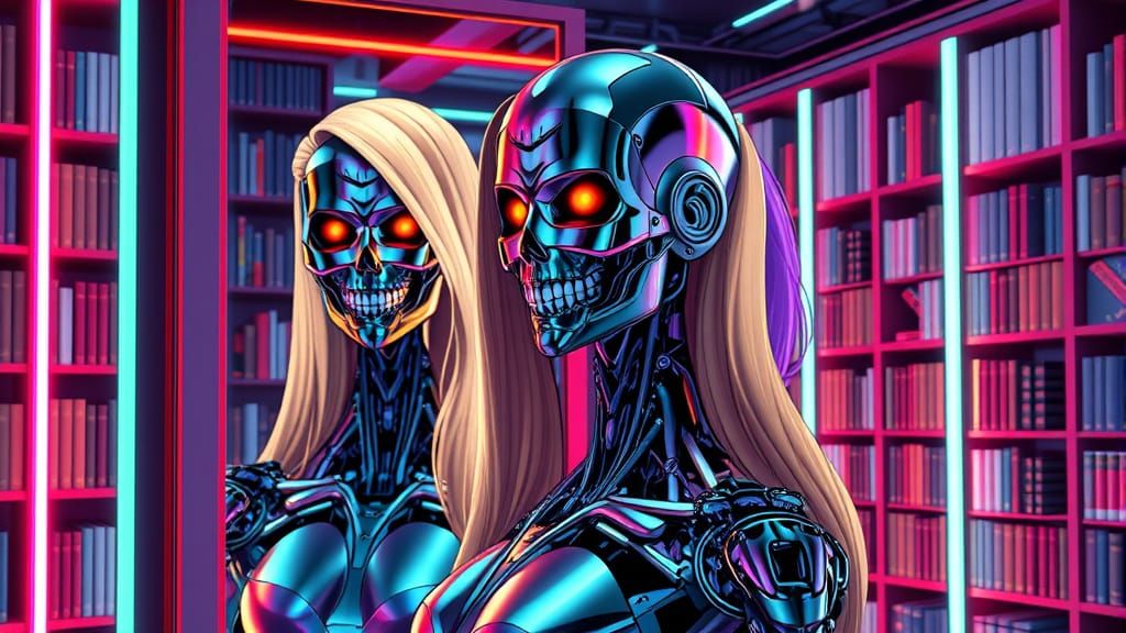 Cyberpunk Terminator Robot with Mirror Reflection