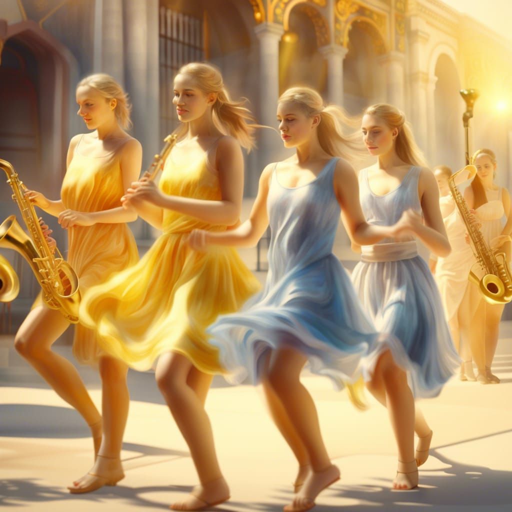 Watercolor Painting of Maidens Dancing at Festival