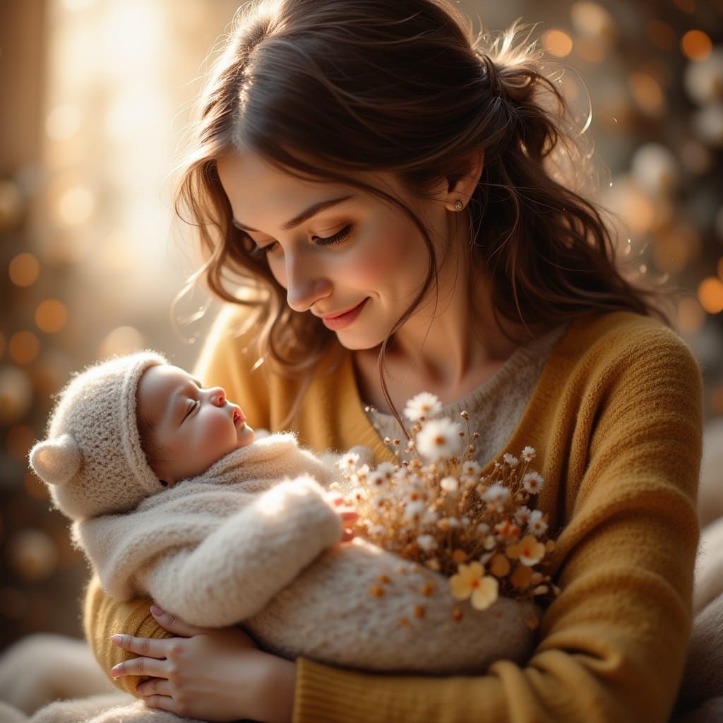 Mother Cradling Baby in Soft Bokeh Photograph