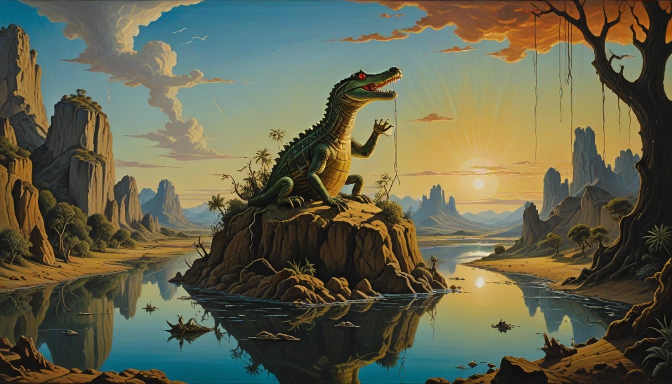 Surrealistic Landscape Painting with Juxtaposed Elements