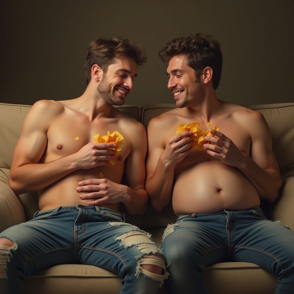 Two Handsome Friends Enjoy a Casual Moment on a Cozy Couch