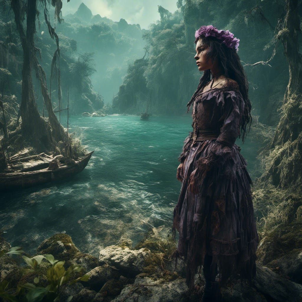 Anime Pirate Girl on Island in Macabre Style