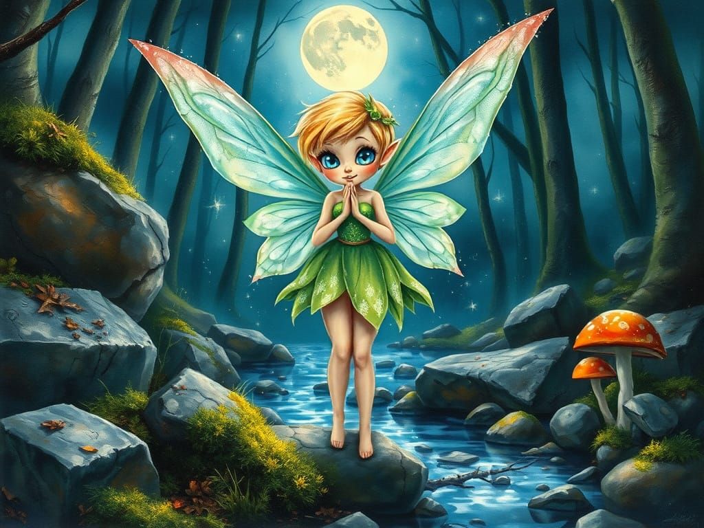 Cosmic Fairy in Moonlit Forest, Impasto Watercolor