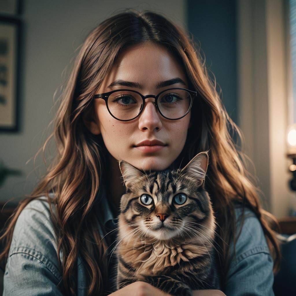 Girl with Cat Portrait in Hyper-Realistic Style