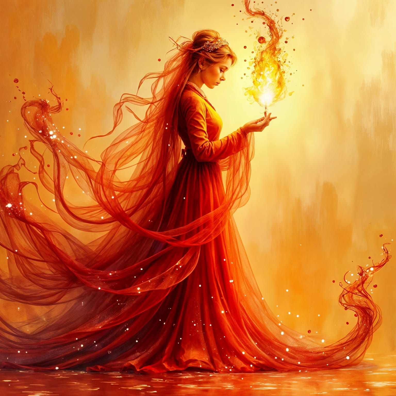 Figure with Flame and Water Spirals in Pastel Style