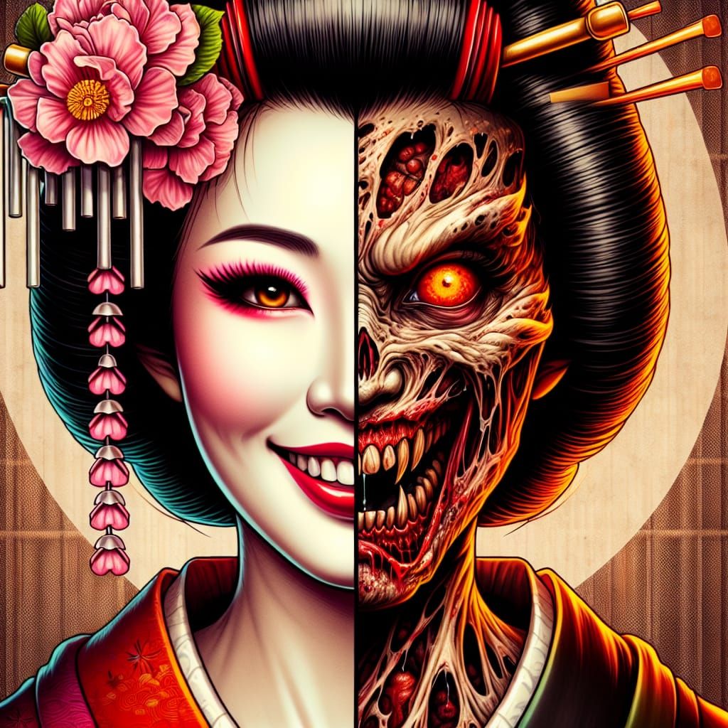 Geisha Split Personality Portrait in Pop Art Style