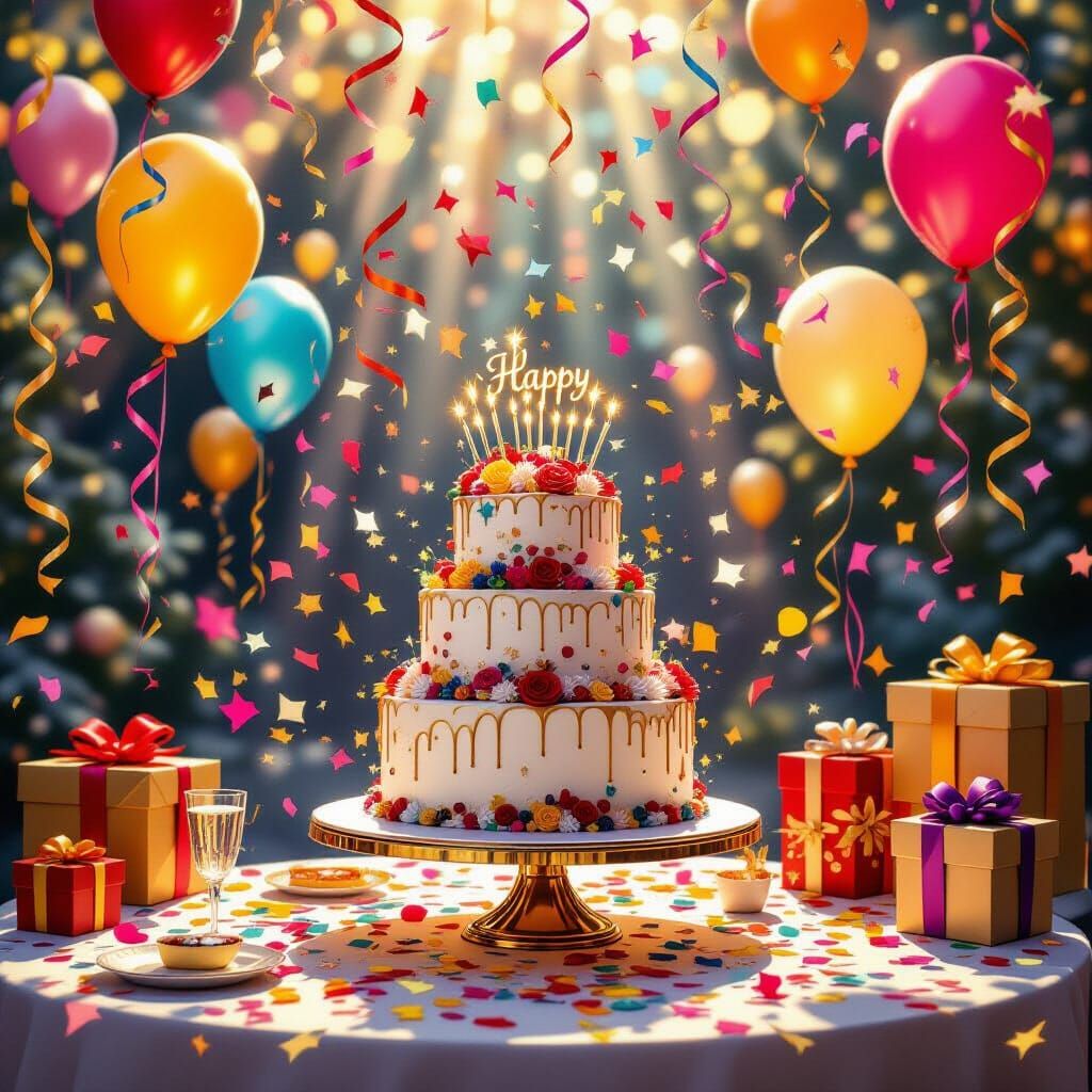 Joyful Celebration Scene with Confetti and Balloons