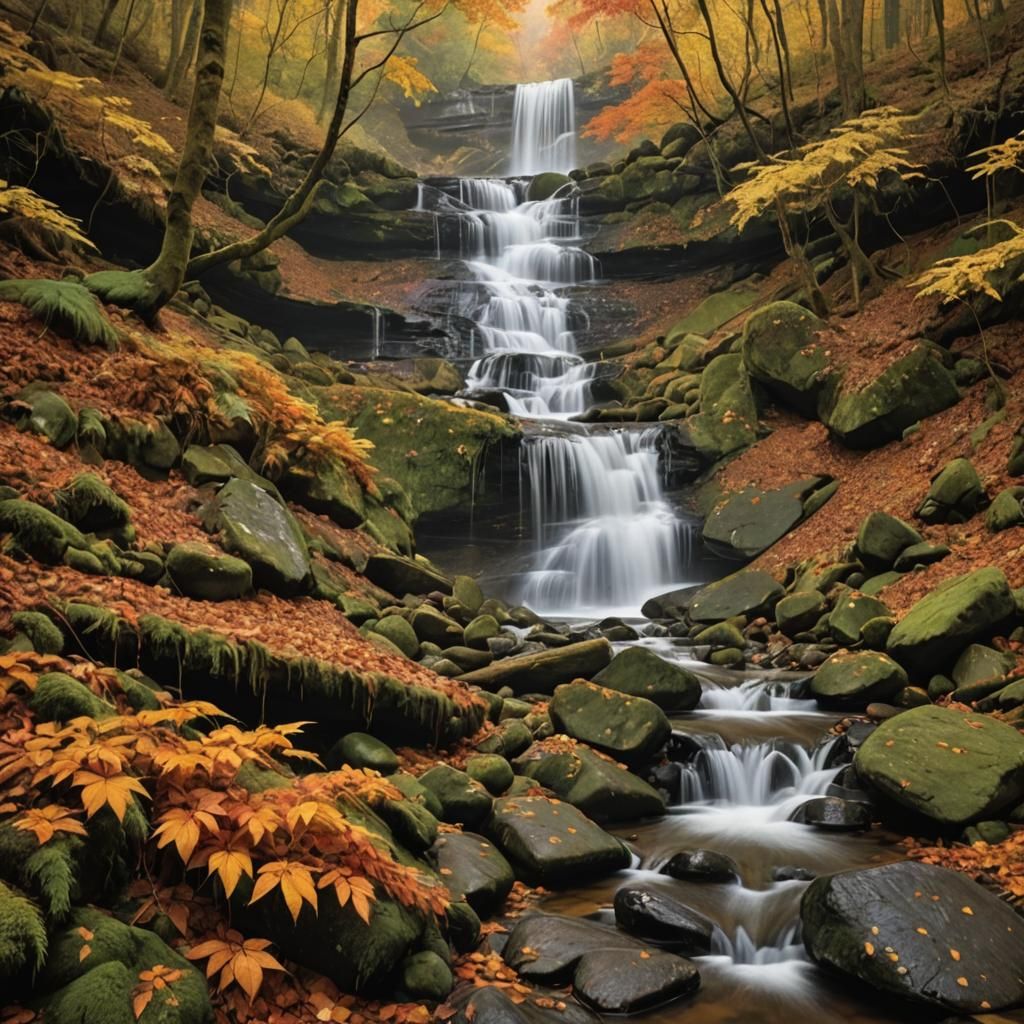 Autumnal Waterfall in Forest Landscape