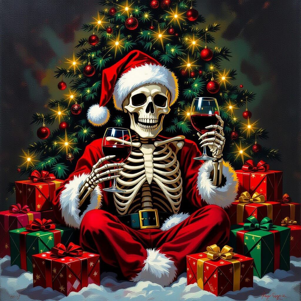 Skeleton with Wine Amidst Christmas Presents