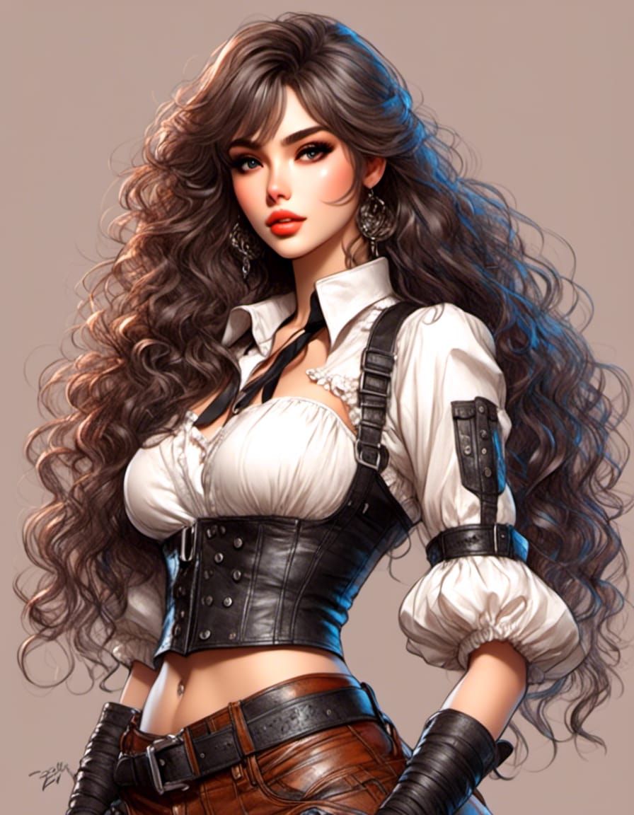 Anime Girl Sketch Portrait in Leather Outfit