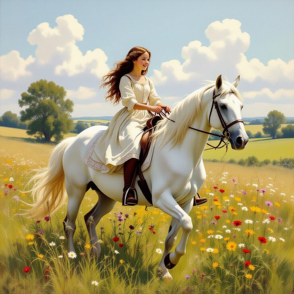 Girl on Horseback in Sunny Meadow, Impressionistic Style
