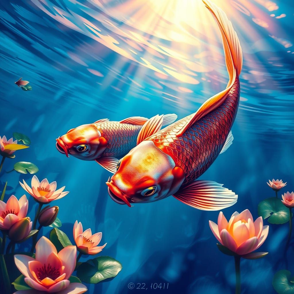 Hyper-Realistic Koi Fish in a Serene Pond Landscape