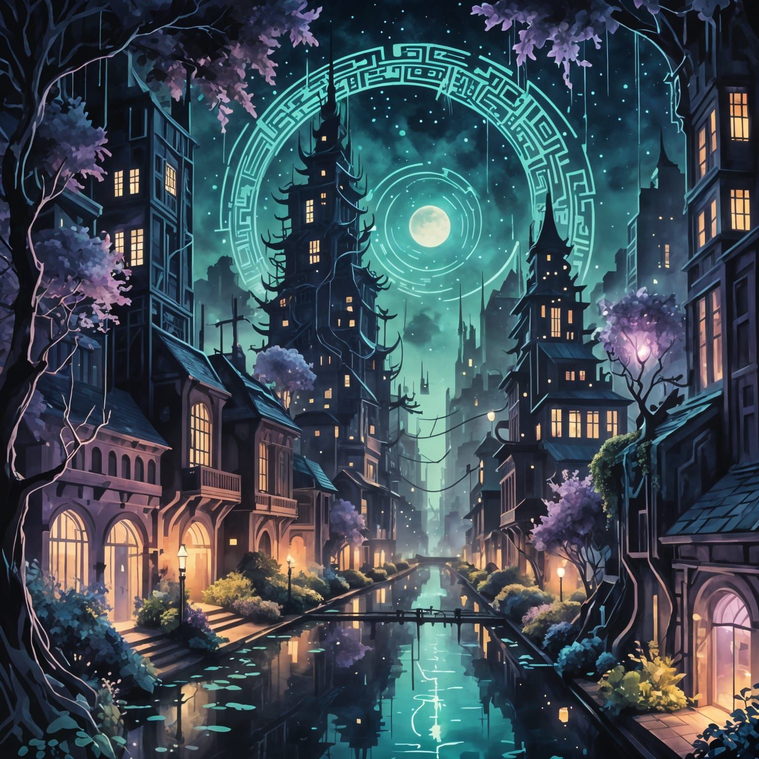 Utopian Lunarpunk Cityscape with Bioluminescent Flora