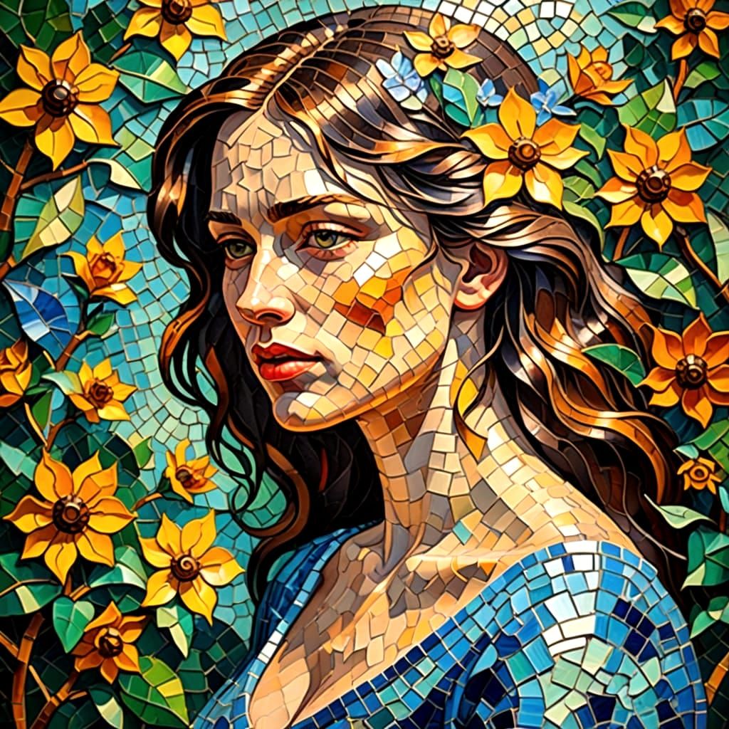 Neo-Impressionist Female Mosaic Form in a Garden