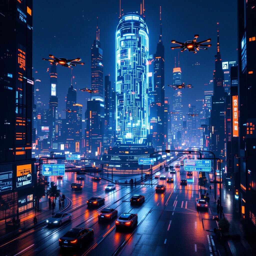 Cyberpunk Cityscape at Night with AI Core