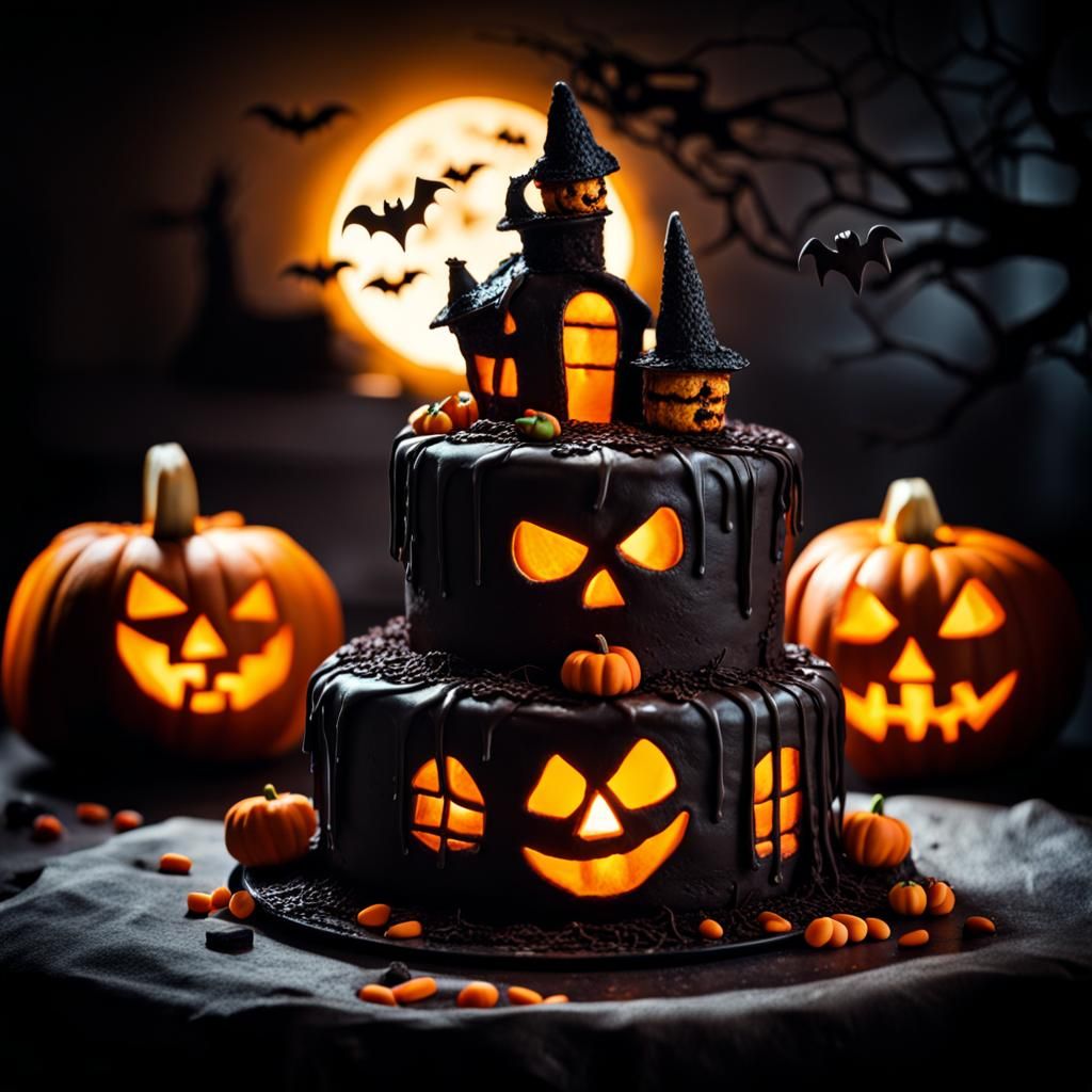 Hyperrealistic Halloween Cake at Night
