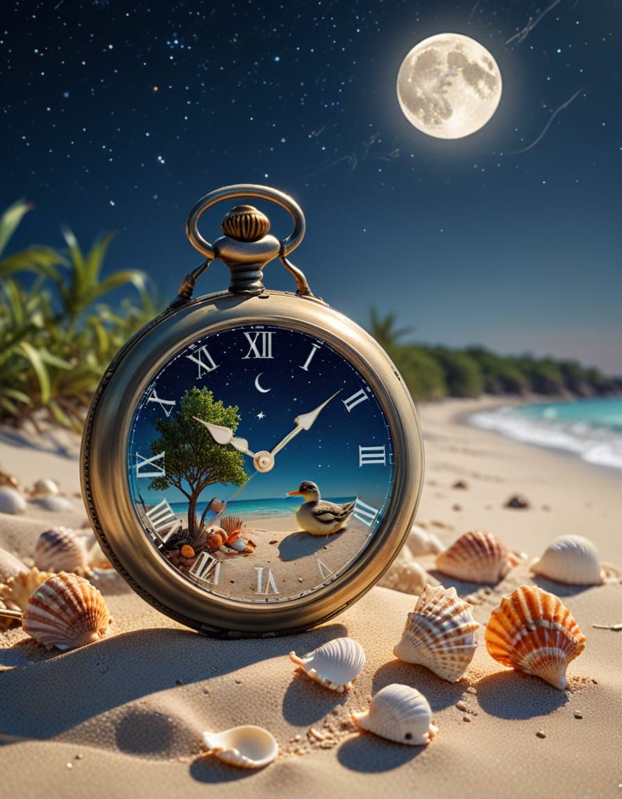Moonlit Antique Pocket Watch on Steampunk Beach
