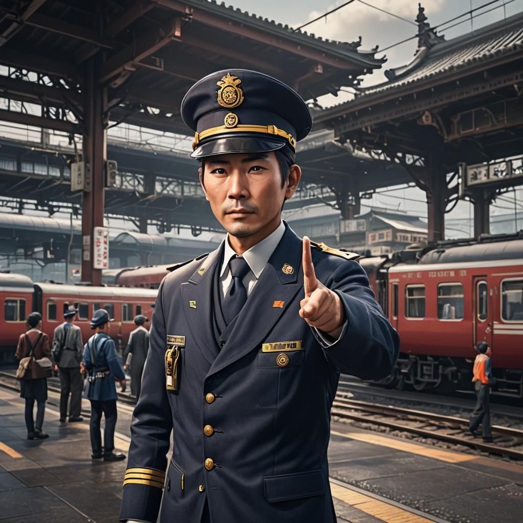 Japanese Train Conductor at Station: Detailed Matte Painting