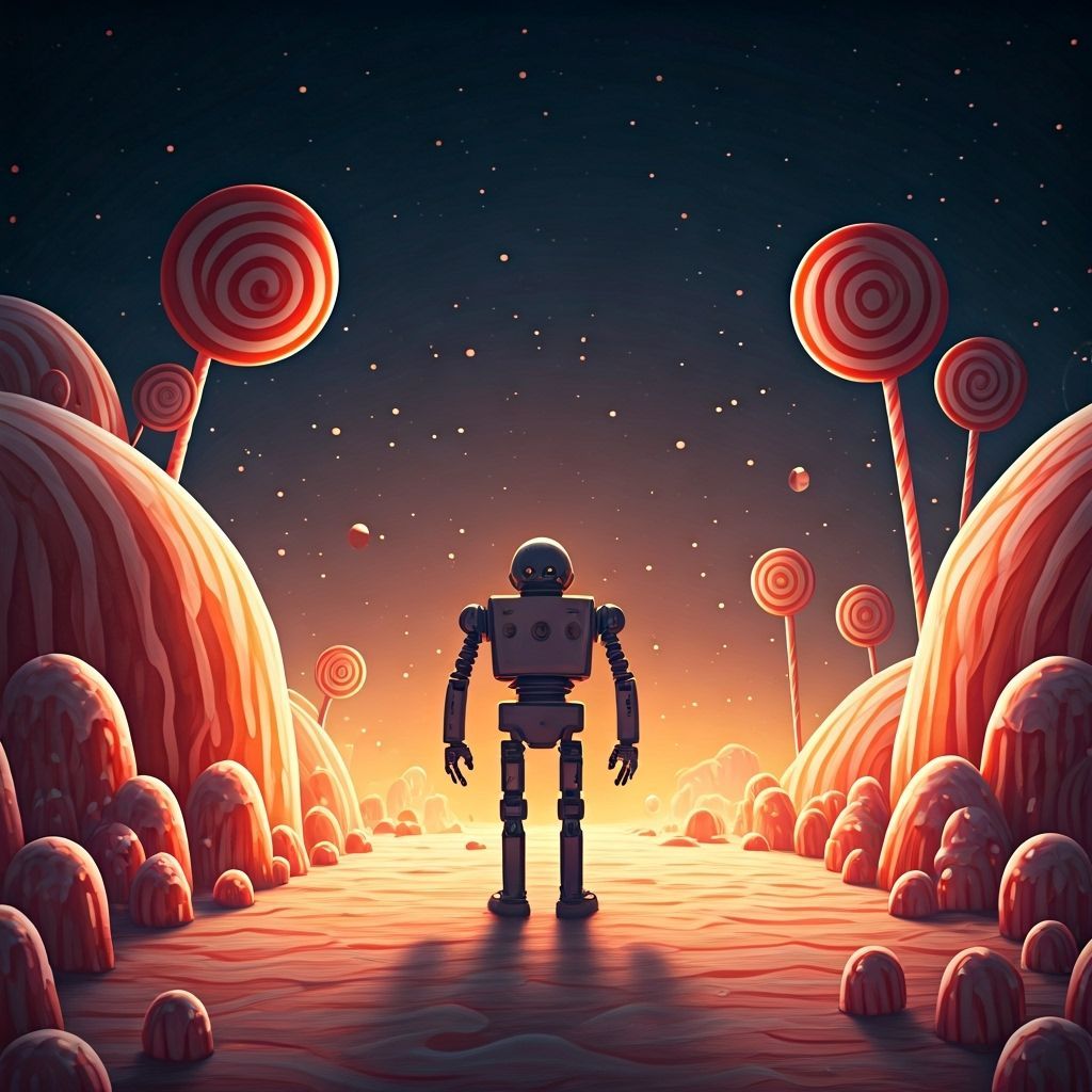 Lone Robot Wanders Candy World Space