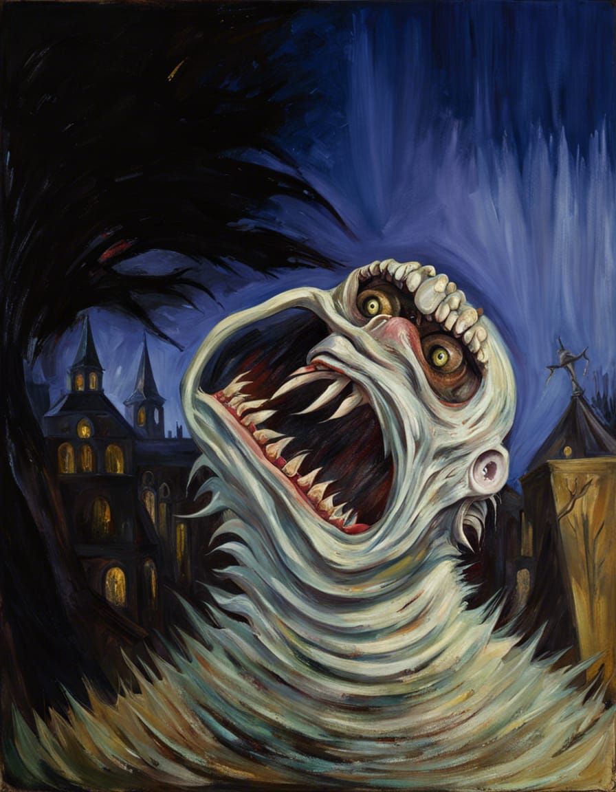 Horrific Monster Emerges from Crypt, Oil Painting
