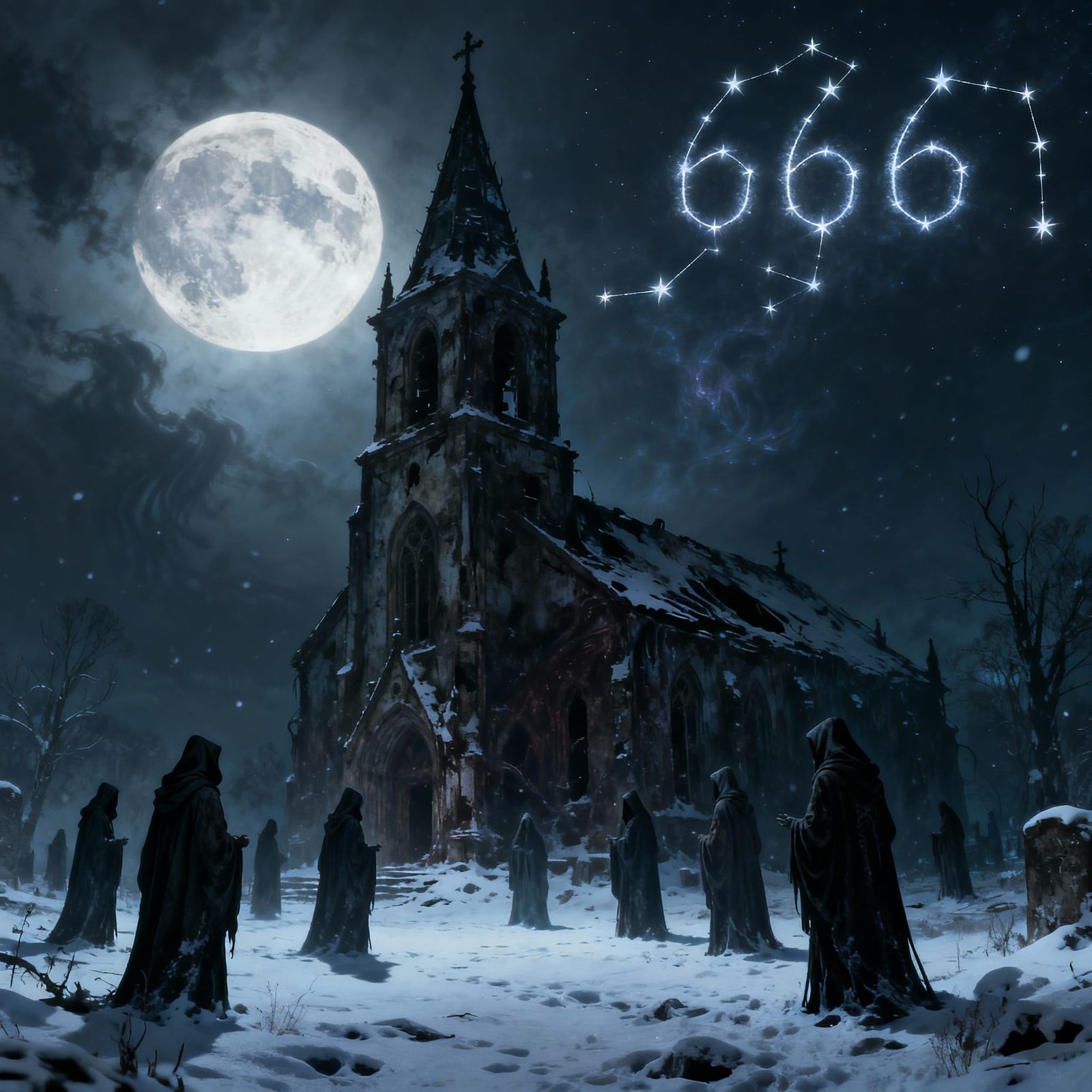 Druids Gather Under Cosmic Moon in Dark Fantasy Style