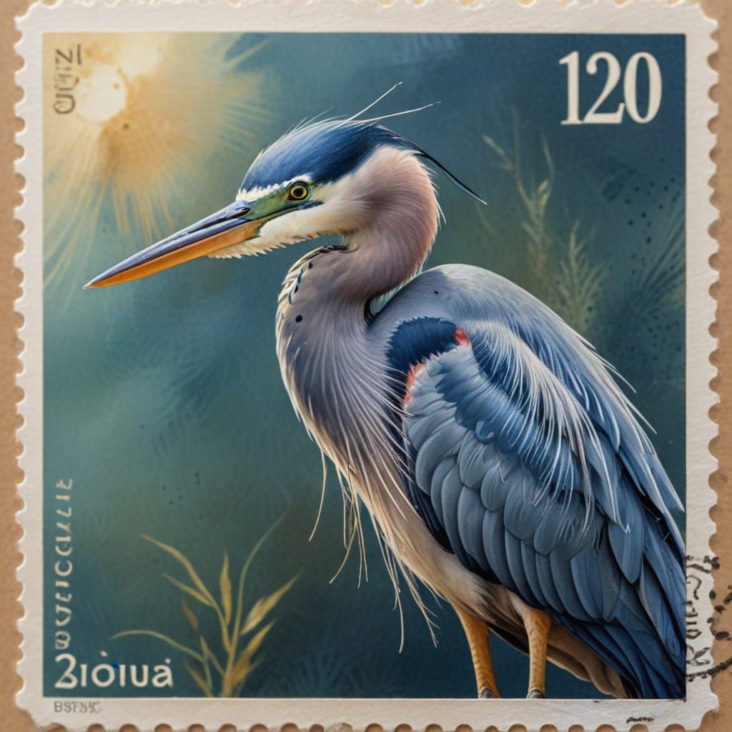 Blue Heron on Postage Stamp: Watercolor Miniature