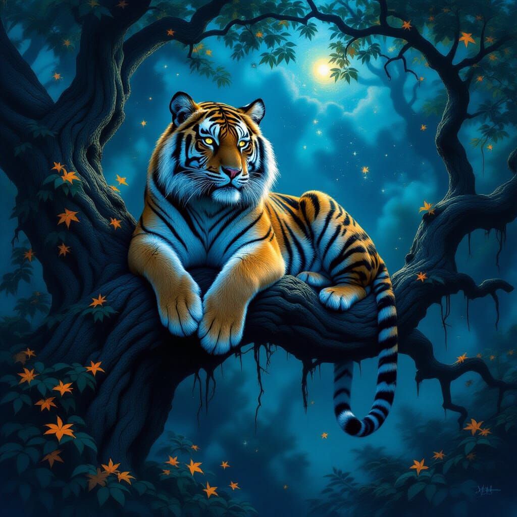 Cosmic Tiger on Ancient Branch: Dark Fantasy Art