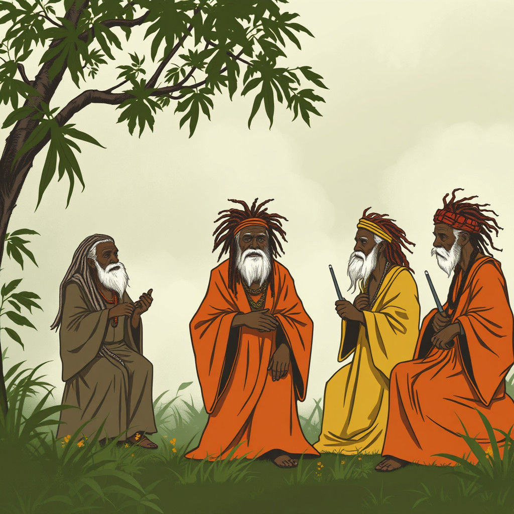 Rastafarian Leaders in Dreamlike Jamaican Village Sketch