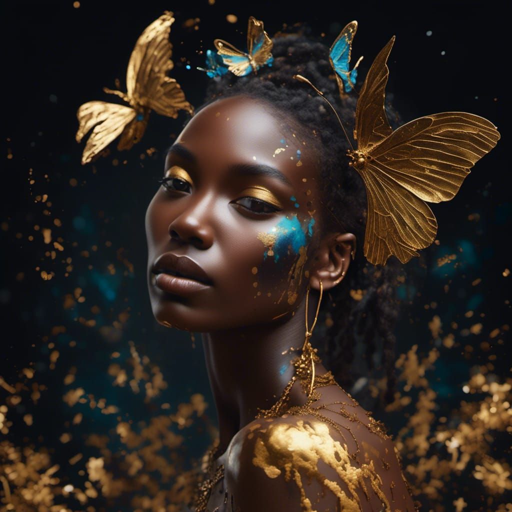 Woman in Golden Headdress: Hyperrealistic Splash Art