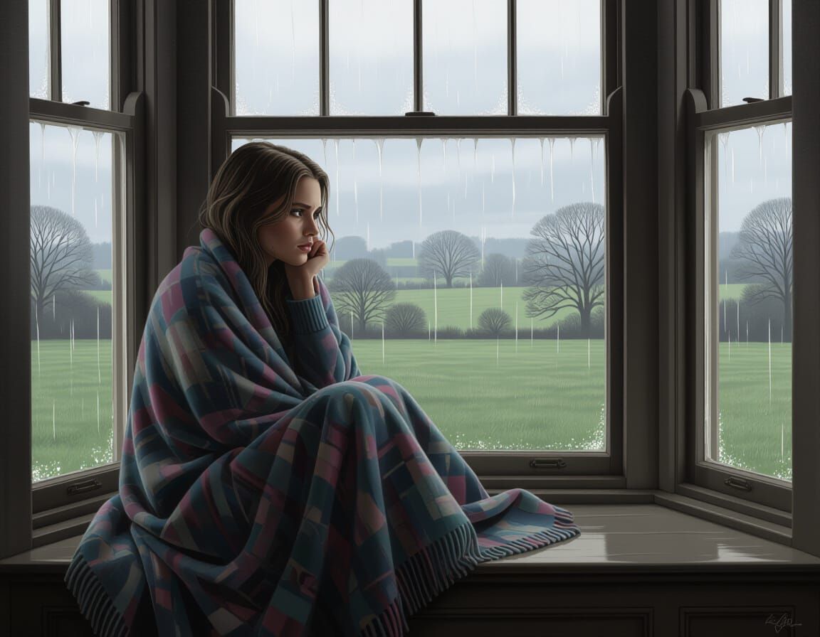 Contemplative Woman by Window in Hyperrealistic Style