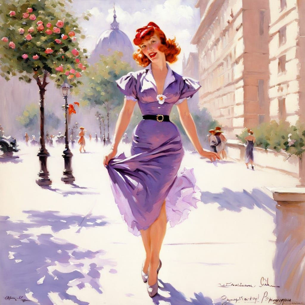 Parisian Woman in Floral Dress: Impressionistic Oil Painting