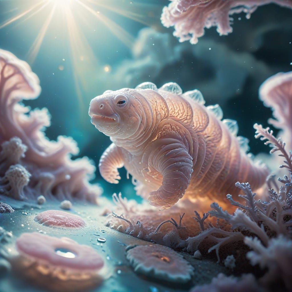 Surreal Tardigrade Soars Through Ethereal Microscopic World