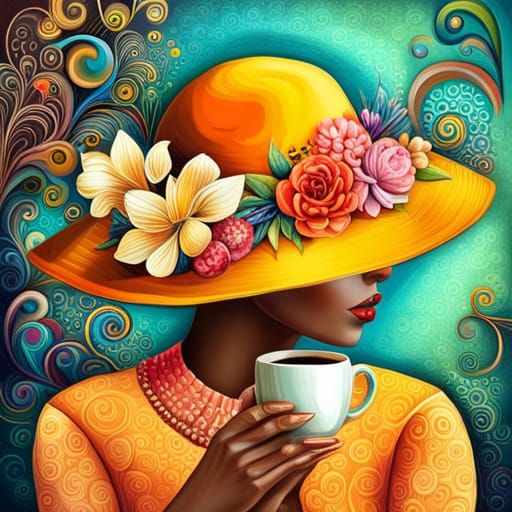 Woman in Yellow Hat with Flower at CafΓ©
