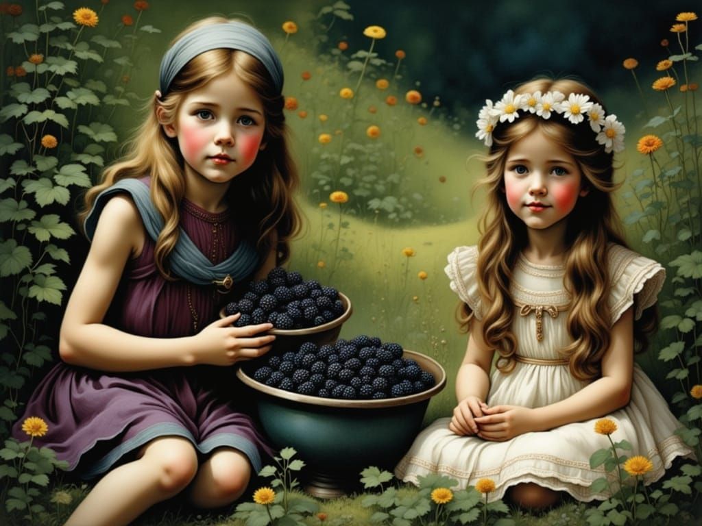Children Enjoying Blackberry Harvest in a Vibrant Summer Lan...