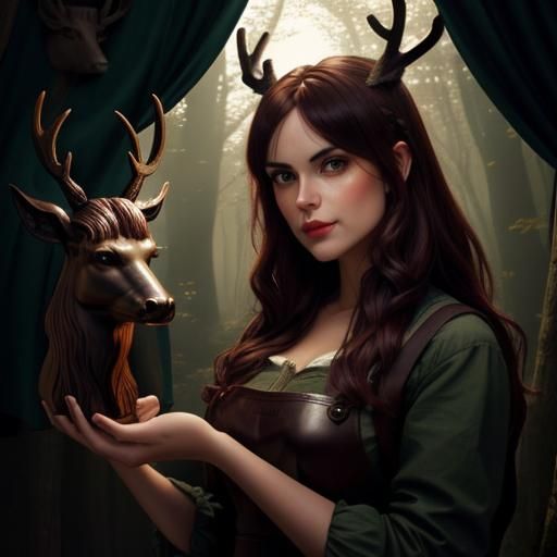 Girl Carving Stag: Pre-Raphaelite Chiaroscuro in Woods