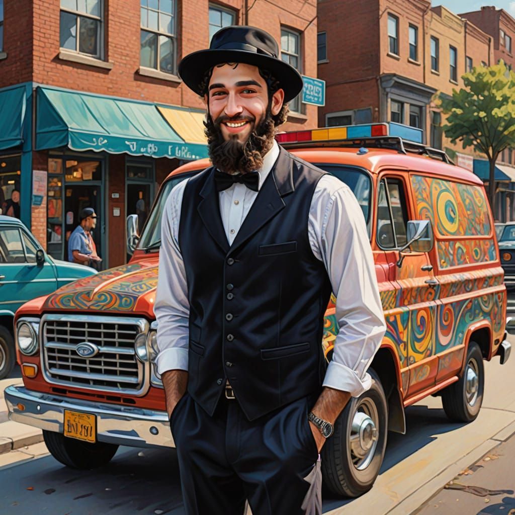 Elegant Hasidic Gentleman Surrounded by Vintage Pickup Truck...