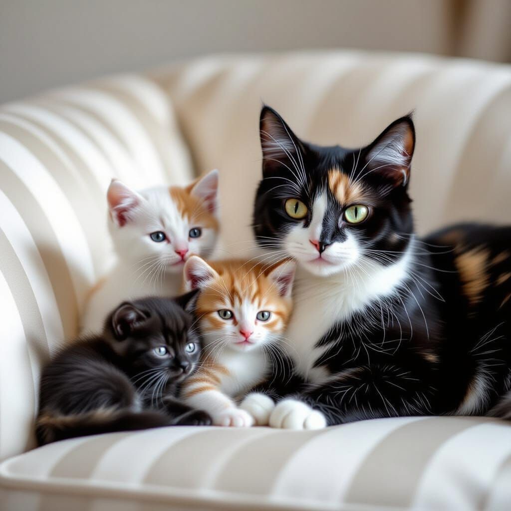 Kittens and Mother Cat on Silk Sofa