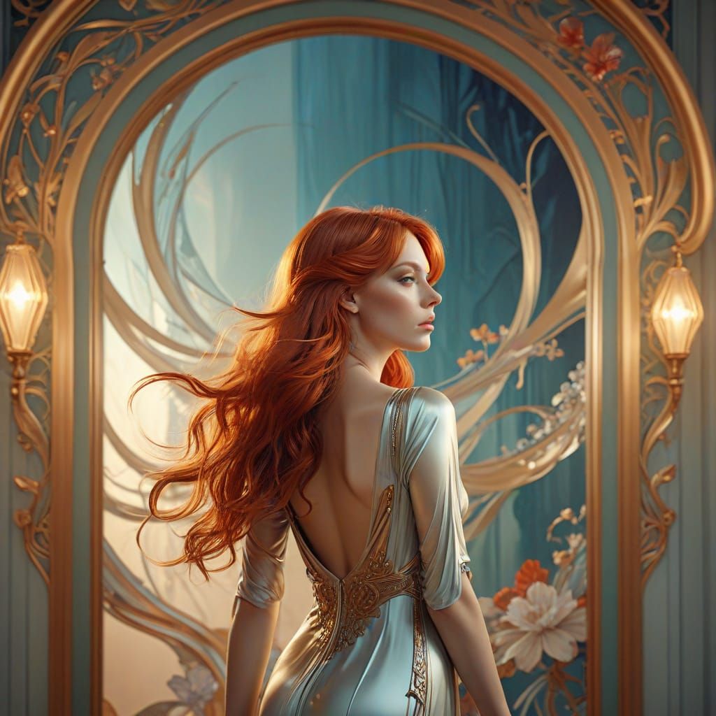 Art Nouveau Model With Flowing Red Hair in Ethereal Style